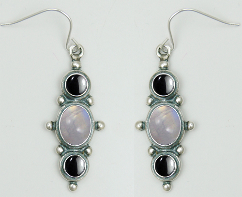 Sterling Silver Drop Dangle Earrings With Rainbow Moonstone And Hematite